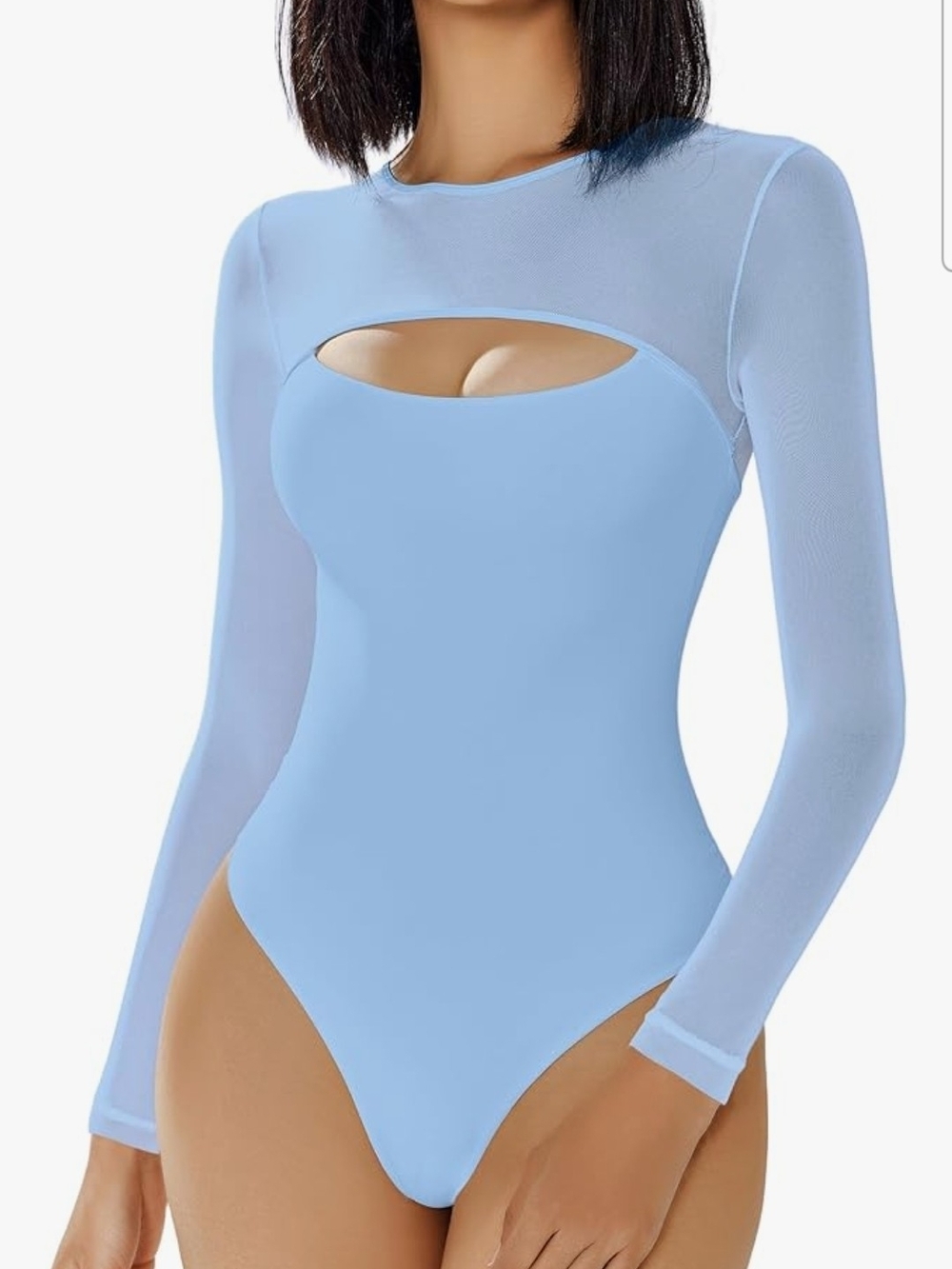 NWT -Light Blue Sheer Round Neck Double Lined Long Sleeve Cutout Bodysuit